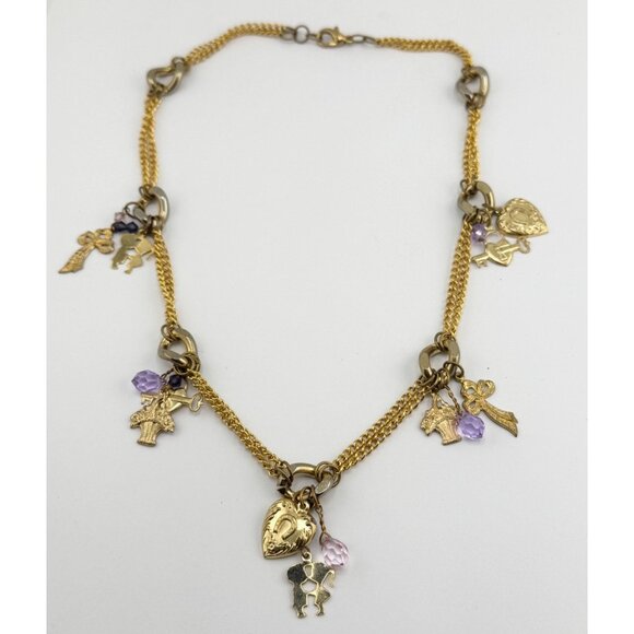 Vintage crystal charm necklace hearts, keys, bows, Flowers, kissing couple - Picture 1 of 6